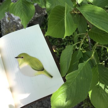 再販　本革　鳥　めじろ　ブックマークの画像