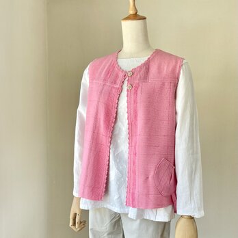 コットン糸で織った手織りのショートベスト（ピンク）の画像