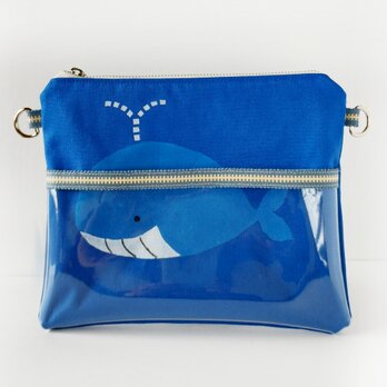 ★帆布のサコッシュ★ブルーの海とクジラ　ビニールポケット付き　の画像