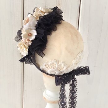 ドール用染め花のスモールヘッドドレス(MLフリー・黒ベース・オフホワイト)の画像