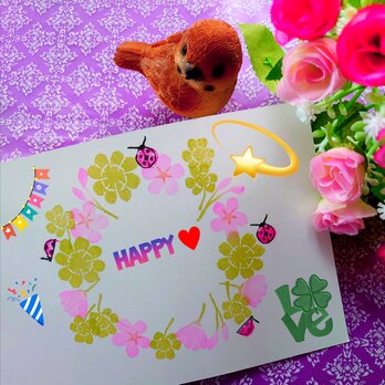 消しゴムはんこ「オキザリス・クローバー・てんとう虫」10個