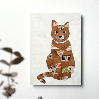 レザーのコラージュアート（ネコ） 猫 A4サイズ 木製パネルの画像