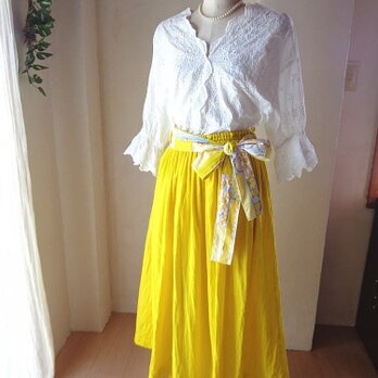 sold★サマーセール★ラス１パッチリボン付き♥イエローのリボンギャザースカート♥ふわふわダブルガーゼ♥ウエストゴムの画像