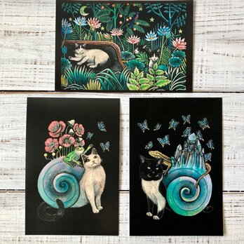 オリジナルポストカード３枚セット 「ネコつむりににこ」「ネコつむりタキ」「エイト&ヒースの夢」★ 猫 星月猫 アートの画像