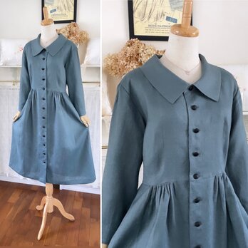 ♦️Sale!♦️クラシカルな襟付きリネンワンピース『前開き・ミネラルブルー・ドロップドショルダー・コート・1点のみ』の画像