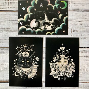 オリジナルポストカード３枚セット 「KING」「Queen」「夢の続きを」★ 猫 星月猫 アートの画像