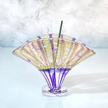 金箔ガラスの扇・香立て ブルーアメジスト色 きれいな紫色 トンボ玉＆お香付きの画像