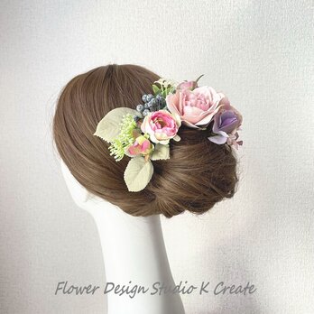 ロマンティークなモーブローズと紫陽花のヘッドドレス　成人式　ウェディング　ピンク　結婚式　卒業袴　髪飾り　ヘッドパーツの画像