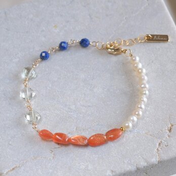 Orange sunstone bracelet：天然石ブレスレット 淡水パール×サンストーン×グリーンアメジストの画像