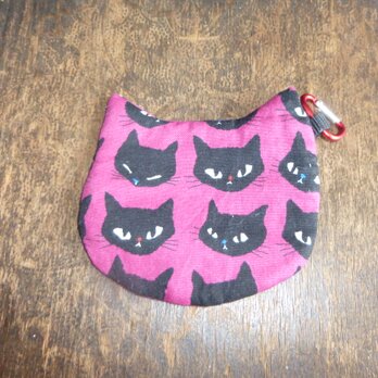 ピンクの黒猫柄のミニ猫耳ポーチ（送料無料）の画像