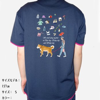 秋田犬/ワクワクを着る!/ポロシャツ/ドライ/ハンドクラフト/デザイン変更可/ネイビー×ホットピンクの画像
