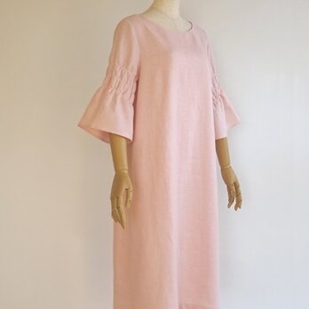 シャーリング袖の リネンワンピース　M～Lサイズ　「シンビジューム ピンク 」の画像