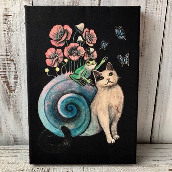 星月猫★アート「ネコつむりににこ」絵画 木製パネル貼り SMサイズ複製画「002」猫の画像
