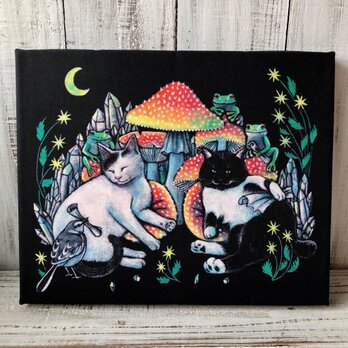 星月猫★アート「新入り会議」絵画 木製パネル貼り SMサイズ複製画「001」猫の画像