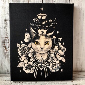 星月猫★アート「Queen」絵画 木製パネル貼り F3サイズ複製画「005」猫の画像