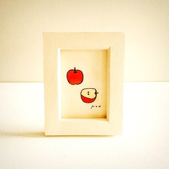 シンプルほっこりリンゴの絵｜原画｜「apple」 ※木製ミニ額縁入りの画像