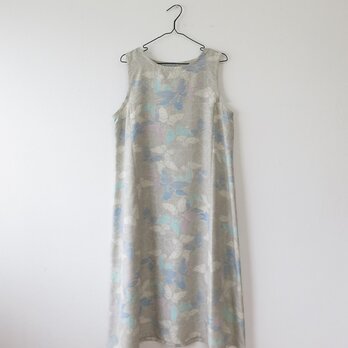 K様ご予約品＊アンティーク*着物＊蝶模様十日町紬のワンピース（Lサイズ・共布ベルト付き）