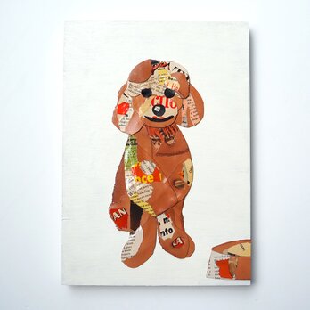 レザーのコラージュアート （トイプードル）犬 動物 A4サイズ 木製パネルの画像