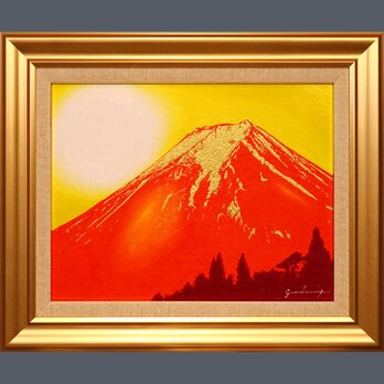 アトリエ富士吉田から金の赤富士●がんどうあつし絵画油絵F6号額縁付開運金運富士山の画像
