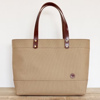 ジップトップ レザーハンドル帆布 トートバッグ A4横長  マッシュルーム