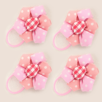 ピンクの水玉とチェック柄のお花のヘアゴム４個セットの画像