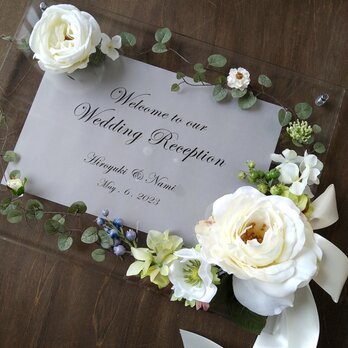 結婚式 ウェルカムボード 横型（クリアー＆ホワイトローズ）ガーデンウェディング リゾート  / 結婚祝にもの画像