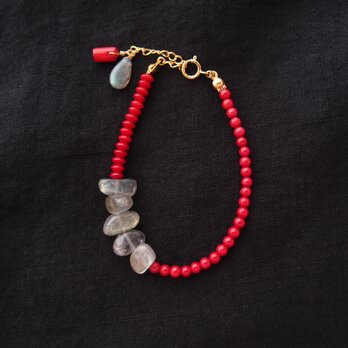 Red Coral × Labradorite Bracelet【K14gf】レッドコーラルブレスレット／Roughの画像