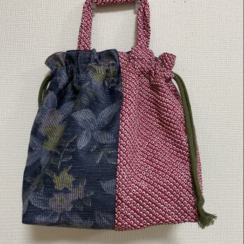 正絹　紬と鹿の子絞りの巾着バッグの画像