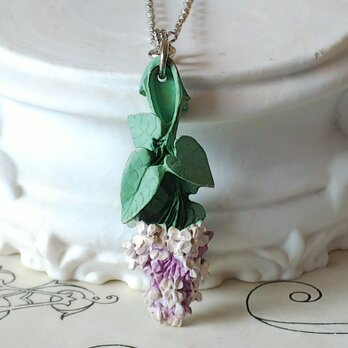 ヴィンテージ　紫陽花（木製／45×16㎜）　Silverトーンネックレスの画像