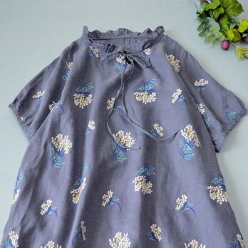 リネン100％紫陽花総刺繍ポケット付きフリル衿大人可愛い半袖ワンピース♪の画像