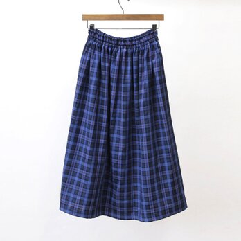 【即納】ふんわりとギャザーが広がるダブルガーゼのスカート（ブルーチェック）青 春 夏の画像