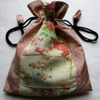 ７１６９　紬と花柄の着物で作った巾着袋＃送料無料の画像