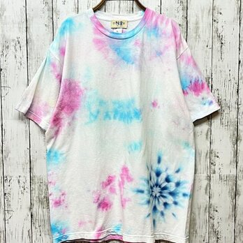 タイダイ染め Tシャツ　XLサイズ　曼荼羅　　ブルー×ピンク　ムラ染め　Hippies Dye HD19-74の画像