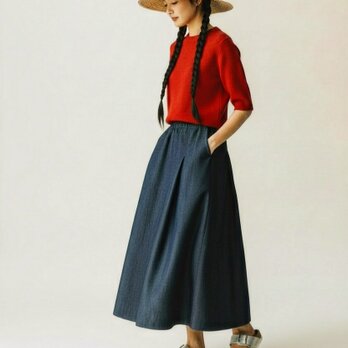 大人気の❗️軽くて丈夫な夏のデニムマキシ丈柔らかタックフレアスカート　ワンウォッシュ