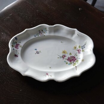 18世紀末-19世紀初頭 鎹修繕 白釉 花リム オーバル 皿 アンティーク 050794の画像