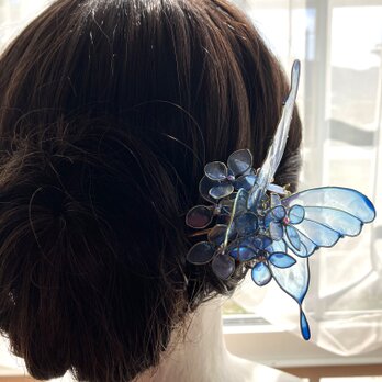 青いアゲハ蝶と紫陽花（かんざし）の画像