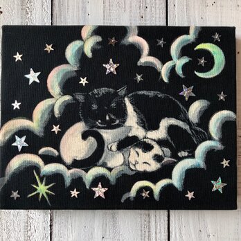 「夢の続きを」F0サイズ アート作品 原画 猫 星 徳島洋子作品 ★ 星月猫の画像