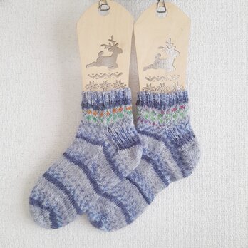 ウールの手編み靴下「水辺の若草」の画像
