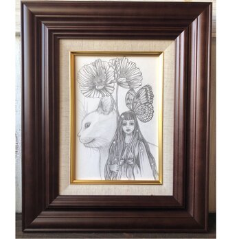 「蟲の姫と白猫」SMサイズ額付きアート作品 原画 猫 徳島洋子作品の画像