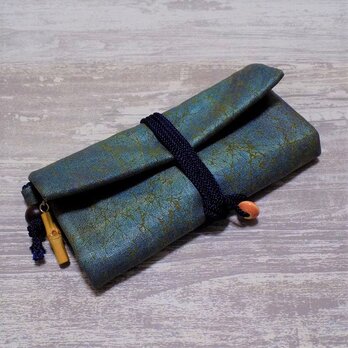 道中財布　ロールバッグ　コットン紬風グリーン色地製　「焼箔青貝箔」　ミックス箔の画像