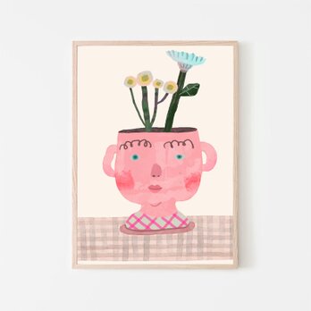 頭の中のフラワー / アートポスター 花 顔 イラスト 絵 縦長 チェック ピンク 植物の画像