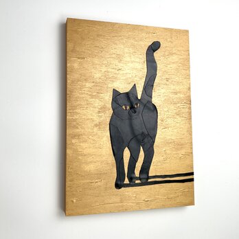 レザーのコラージュアート（クロネコ） 黒猫 A4サイズ 木製パネルの画像