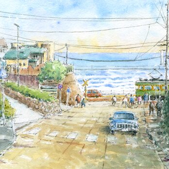 水彩画原画　湘南の海と鎌倉高校への坂道　＃612の画像