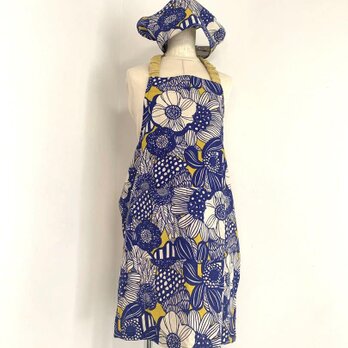 キッズエプロン＆三角巾・160サイズ　アートフラワー・ブルー・女の子用の画像