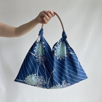 【1点もの】単-ひとえ-のあずま袋 総手縫い -浴衣地 青に水色の花（ヴィンテージ） AZ340の画像