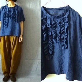 【受注制作】インクブルー/天日干し60リネン(薄地)　ゆるり半袖フリルプル