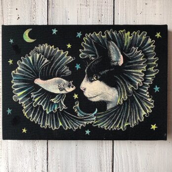「魔法の練習」SMサイズ アート作品 アクリル画 猫 原画 徳島洋子作品 ★ 星月猫の画像