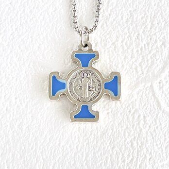 ミニ十字架・セントベネディクト（ブルー）ネックレスSilver・ベネチアンチェーン50cm・サージカルステンレス製の画像