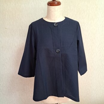 SALE   コットンリネン　ノーカラー　ジャケット　七分袖　ネイビー　紺　Lサイズの画像