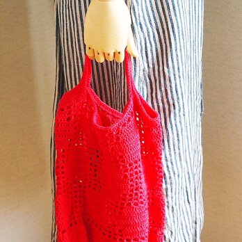 コットン糸の方眼編み手提げ袋*クロス*赤の画像